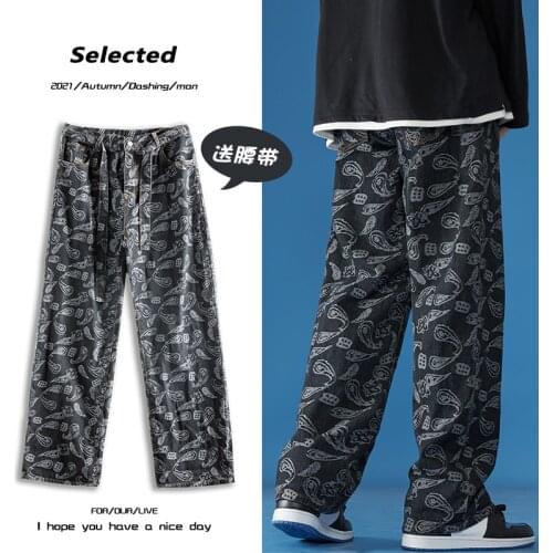 Autumn Winter Cashew Flower Printed Jean Pants Man 2021 Hip Hop Men Women Streetwear Straight Loose Ankle-length Pants