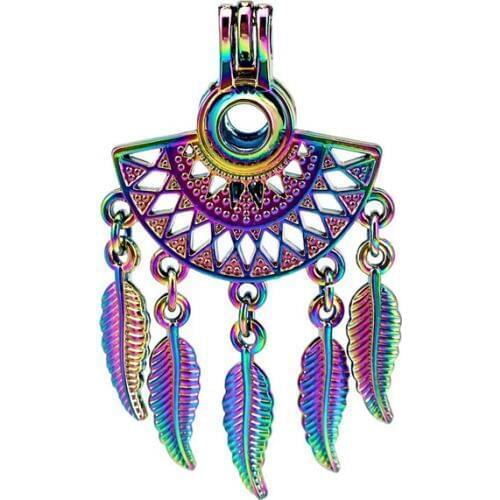 C908 5pcs/lot Rainbow Color Fan Shapes Filigree Bohemian Bead Pearl Cage Locket Pendant Pearl Locket Fairytale Party
