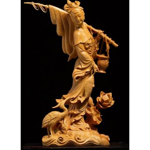 CCZHIDAO Beautiful Women Fishing Chinese Boxwood Wood Carving Character Wood Statue Home Decoration Features Feng Shui Ornaments