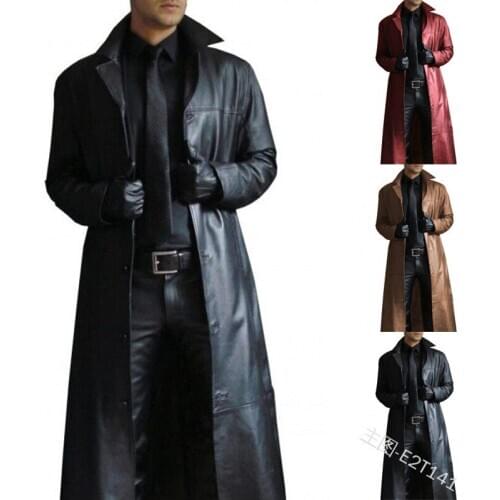 Long Faux Leather Jacket Men Trench Coat PU Plus Size Solid Slim Full Sleeve Lapel Single-breasted Men Clothing Lugentolo