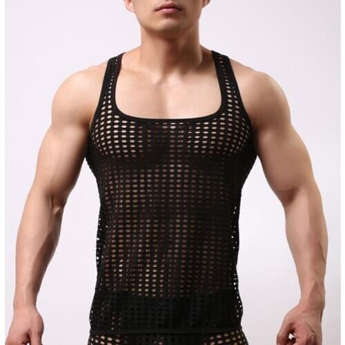 Mens Mesh Undershirts Sexy Vest Tank Top Casual Home Wear Net Vest Body Club Wear Party Hollow Out Tank Top Men Singlet