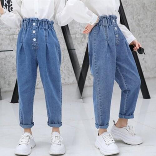 Jeans Girl Blue Color Jeans Girls 2021 Newest Teenager Pencil Pants with Three Button Casual Childrens Clothing 6 8 10 12 14Yrs