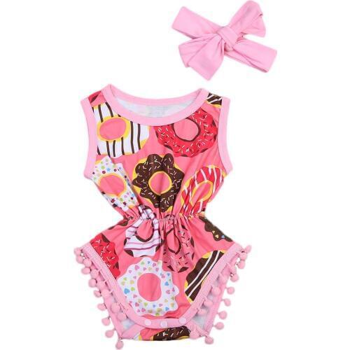 Emmababy Baby Girls Clothing Baby Girls Bodysuits Cute Printed Short Sleeveless O-Neck Jumpsuit Cotton Bodysuit+Headband Outfits