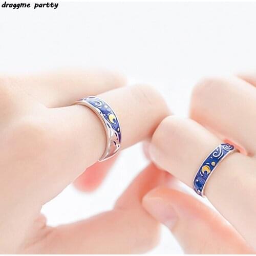 Silver Color Van Gogh Starry Sky Couple Ring Blue Starry Night Adjustable Lover Rings For Women Men Valentines Gift Jewelry