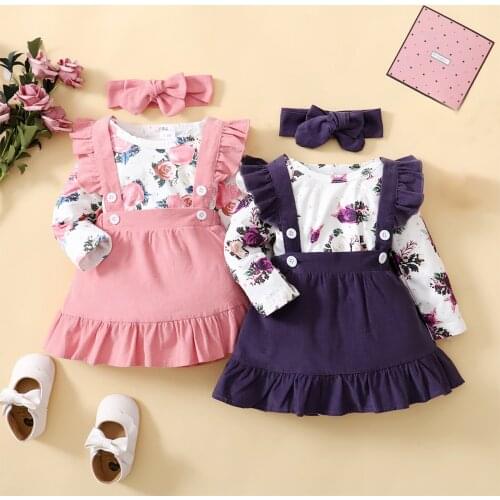 2021 3Pcs Baby Girls Outfit, Sweet Style Floral Printing Long Sleeve Round Collar Romper + Lace Suspender Skirt + Headwear Set