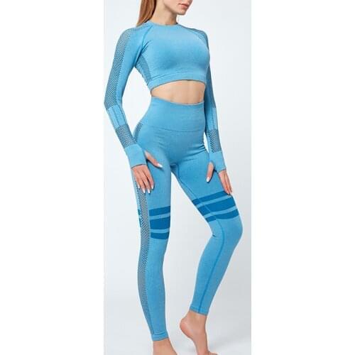 Women Yoga Set Fitness Gym Clothing Sport Suit Seamless Hollow Out Long Sleeve Crop Top High Waist Workout Leggings Sportwear
