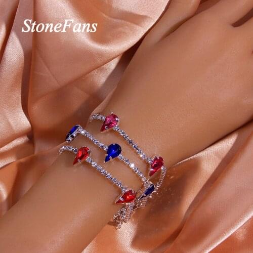 Stonefans Fashion Red Blue Crystal Water Drop Bracelet for Women Silver Color Rhinestone Tennis Charm Bracelet Hip Hop Jewelry