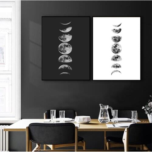 Poster Painting La Luna Pictures Home Wall Art Decor Moon Phases Wall Art Canvas Poster Print , Black and White Moon Phases