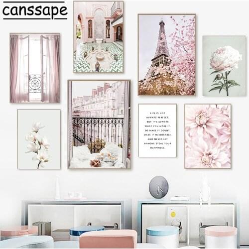 Modern Posters And Prints Fashion Scenery Wall Painting Peony Cherry Blossoms Poster Tower Architecture Print Living Room Decor
