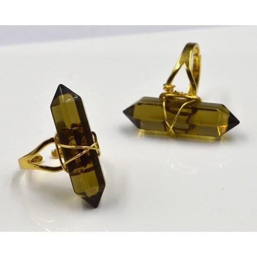 YA1907 Dmoky Quartz Point Gold Wire Wrapped Ring Adjustable 32x8mm