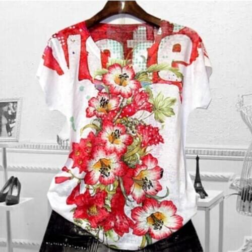 O-neck beading printed short sleeve t-shirt women slim silk top tees plus size 4XL