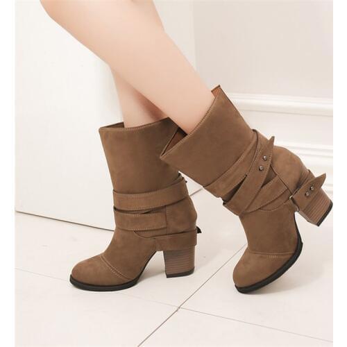 Women Boots Fashion round Toe Women winter Boots Comfortable Square Heel Flock Shoes Women Belt decoration Mid-calf Martin Boots