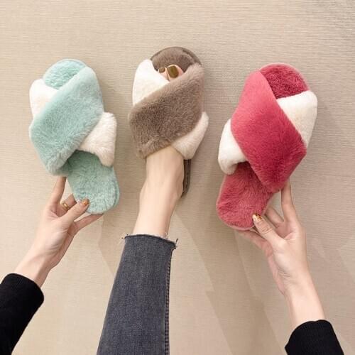 Llogai Women House Slippers Women Shoes Warm Faux Fur Ladies Mixed Colors Cross Soft Plush Furry Female Open Toe Slides Mujer