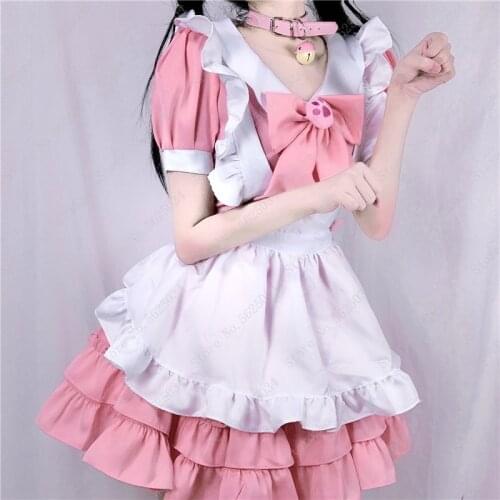 Anime Kawaii Pink Lolita Dress Sexy French Maid Apron Cosplay Costume Girls Women Party Role Play Dress Up Cafe Waitress Outfit