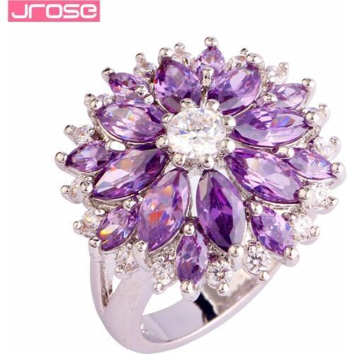 JROSE Wholesale Flower Gift Classic Wedding Purple & White Cubic Zircon Silver Ring Size 7 8 9 10 11 12 13 Women Party Jewelry