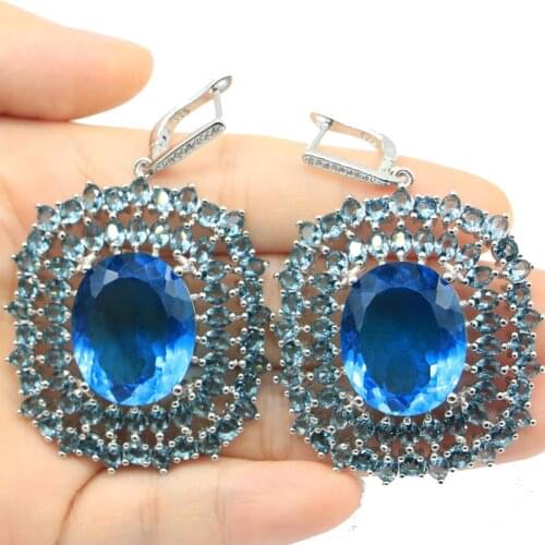 61x40mm Big European Design 29g Created London Blue Topaz For Sister Silver Earrings Wholesale Drop Shipping