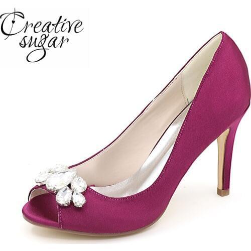 Creativesugar woman satin dress shoes with crystal evening wedding party bridal guest pumps open peep toe shoes purple silver