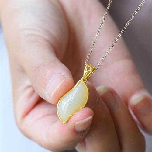 Natural Hetian White Jade with Shape Inlaid S925 Sterling Silver Ancient Thick Gold Retro Special Simple Pendant Necklace