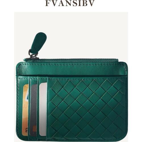 Genuine Leather Woven Holder Womens Lambskin Zipper Purse Brand Mens Card Holder Ultra-Thin Fold Wallet Coin Pocket 2021 New