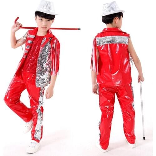 New sequined tassels jazz dance clothes suit childrens dance clothing set PU performance clothing Modern Stage Costume