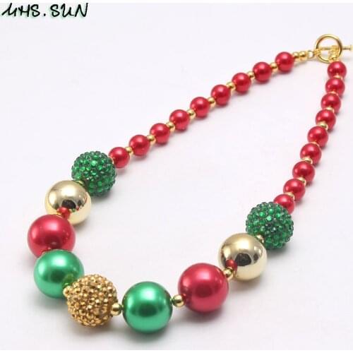 MHS.SUN 1PC Fashion Christmas Jewelry Baby Kids Chunky Bubblegum Beads Necklace Red+Green Pearl Necklace For Girls Party 1PC