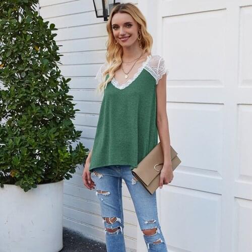Fashion Summer Womens T Shirt Casual V Neck T-shirt Lace Hollow Out Stitching Short Sleeve Blouse Top Lady Streewear