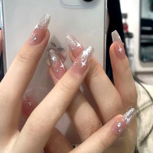 24pcs Fake Nails With Glue Small Diamonds Stars Clear Nail Stickers Complete Nail Stickers Press On Nails Coffin Pre Designed DL
