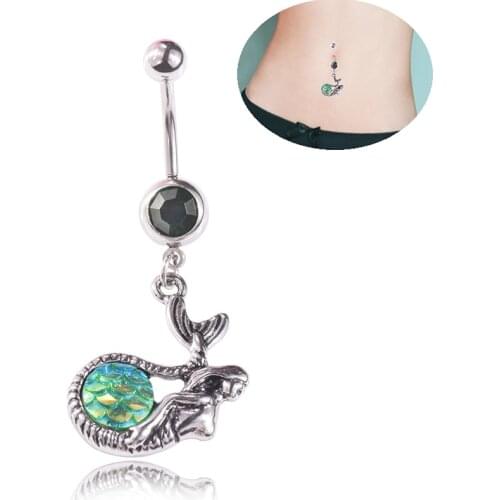 New Body Piercing Jewelry Green Crystal Rainbow Scales Mermaid Shaped Dangle Belly ring Button