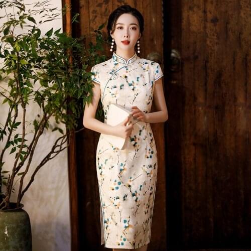 Floral Printed Slim Qipao Sexy Slim Side Slit Mandarin Collar Cheongsams Summer Elegant Retro Button Chinese Dresses Party Gown