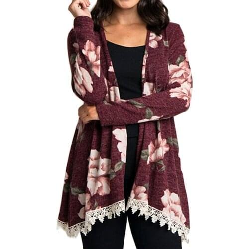 Autumn Floral Long Sleeve Women Cardigan 2020 Casual Elegant Lace Ladies Cardigan Vintage Slim Outwear Top Plus Size Sweater