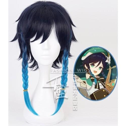 Genshin Impact Venti Wigs Gradient Blue Short Braided Heat Resistant Synthetic Hair Game Anime Cosplay Wig + Wig Cap
