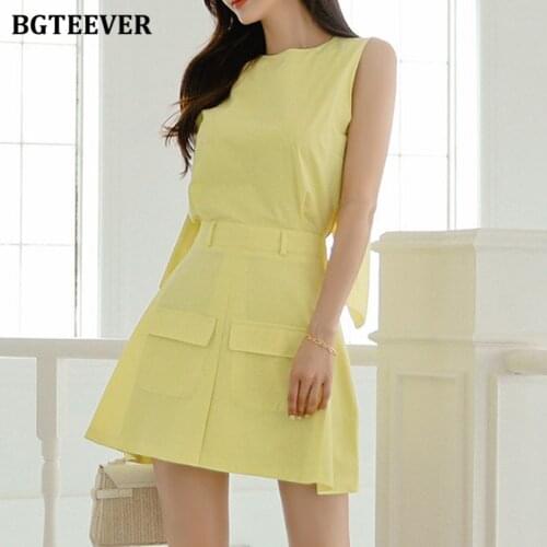 BGTEEVER Elegant Sleeveless Women Mini Dress O-neck Pockets Slim Waist Ladies Vestidos 2021 Summer Casual Female A-line Dresses