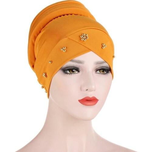 Women Muslim Scarf Hat Solid Color Beading Lady Hijab Turban Hat Cotton Cover Inner Hijab Cap Islamic Head Wear Hat Under Scarf