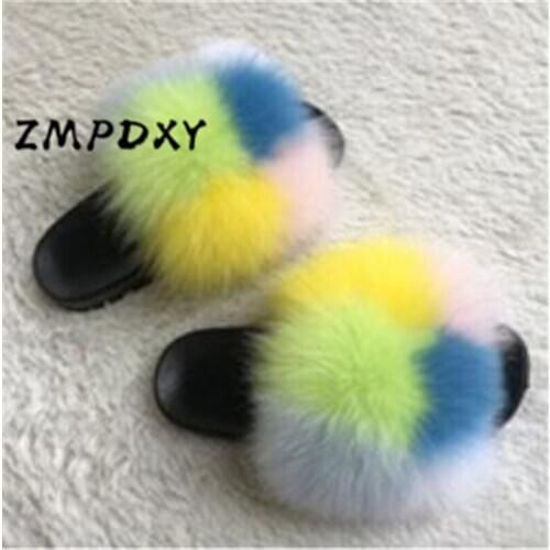 Women Summer Cute Plush Fox Hair Slippers Kids/Childrens Raccoon Fur Slides Female Fluffy Furyy Flip Flops Ladies Plush Shoes
