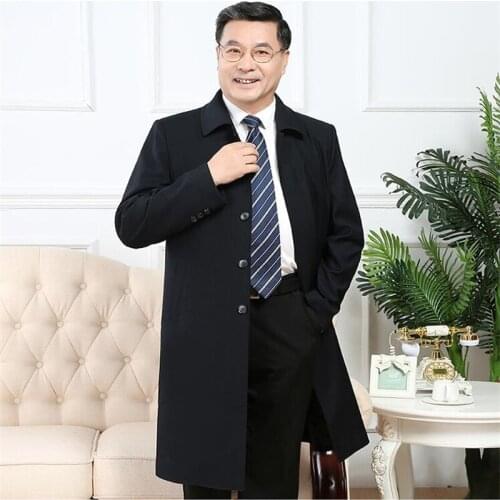 Spring autumn mens trench coats man middle aged long men single-breasted clothes lapels overcoat gabardina hombre black grey