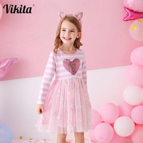 VIKITA Girls Striped Dress Kids Princess Dress for Girl Children Heart Design Dresses Girl School Casual Wear Children Clothing
