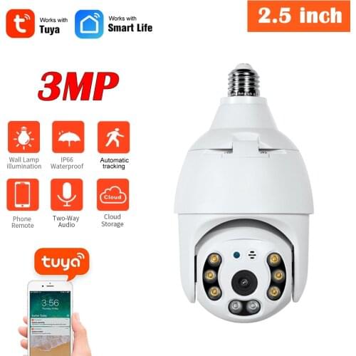 HD 3MP Tuya Samrt Auto Tracking Wifi Camera E27 Bulb Socket Latest Full Color Night Vision Indoor/Outdoor Wireless CCTV Camera
