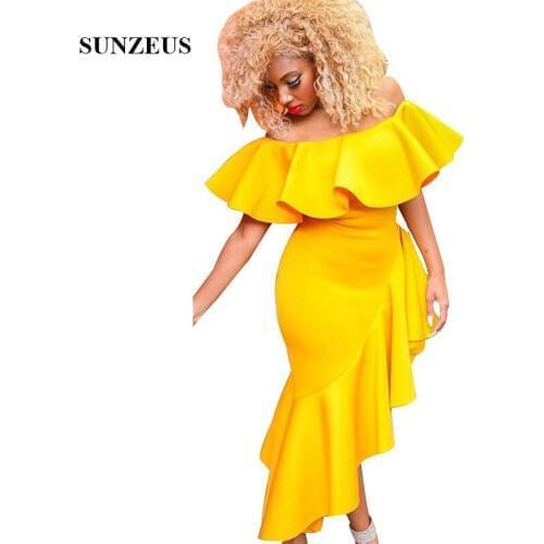 Yellow Prom Dress Off Shoulder Asymmetrical Party Gowns With Ruffles African Girls Gala Jurken