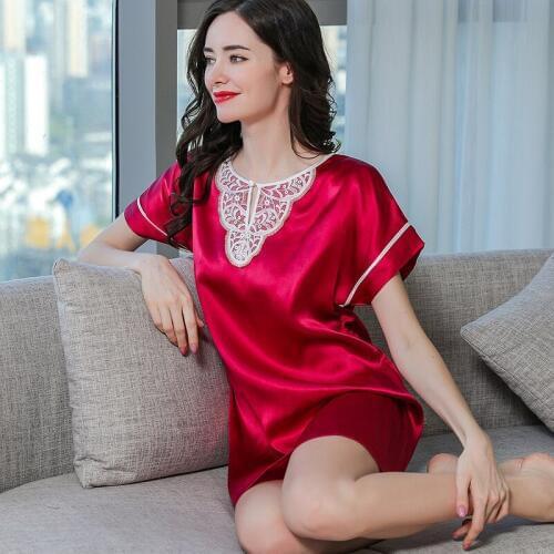 Sexy Real Silk Sleepwear Female Spring Summer Lace Elegant Short Sleeve 100% SILK Nightgowns 2020 New Womans Nightdress S55146