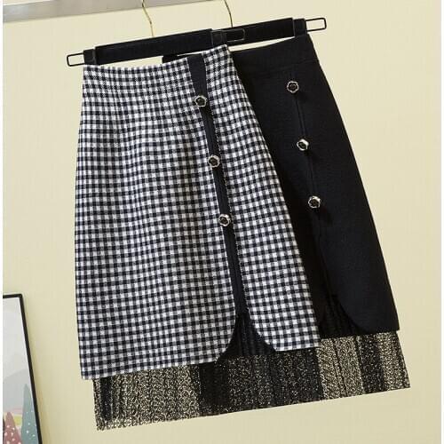 Mesh Stitch Black Plaid Knitted Female Plus Large Size Korean Style Oversized Vintage High-Waisted WomenS Skirts Clothes A6435