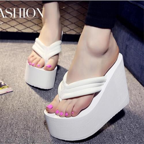 Size 41 Women High Heels Flip Flop Wedge Slippers Women Summer 2019 11CM Heels Platform Slippers Flip Flops Womens Black Slides