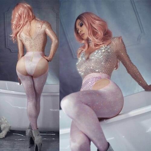 Women Long Sleeve Rhinestones Elastic Jumpsuit Sexy Leotard Bodysuit Nightclub Singer Stage Wear Bar Party Show Crystals Costume