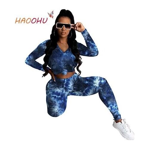 HAOOHU 2021 Women 2 Pieces Set Ladies Tie Dye High Waist Streetwear Slim Autumn Womens Clothing Casual Fashion Sportswear Suit