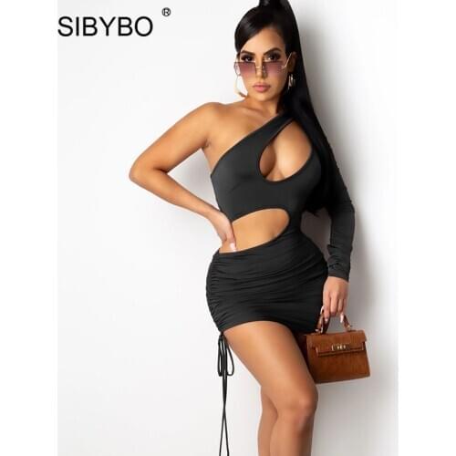 Sibybo Hollow Out Sexy Women Dress Black One Shoulder Bodycon Mini Dresses Female Spring Drawstring Ruched Party Vestidos 2021
