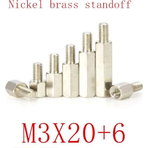 100PCS m3x20+6 Male to Female nickel Brass Standoff Spacer M3 Hexagonal Stud Spacer Pillars