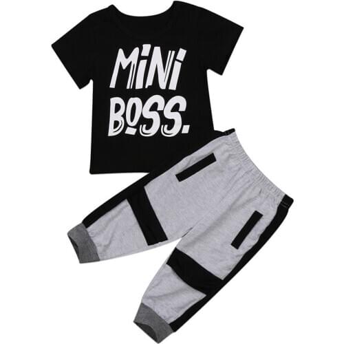 Pudcoco 2pcs Kids Baby Boy Casual Cotton Short Sleeve O-neck Mini Boss Printed T-shirt Pants Outfits Set 1-6years Helen115