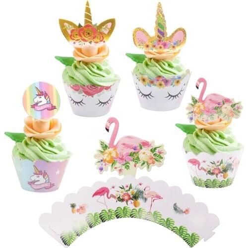 24pcs/set Unicorn Flamingo Pineapple Cupcake Wrapper Cake Toppers DIY Party Baby Shower Birthday Party Cake Decorating Supplies