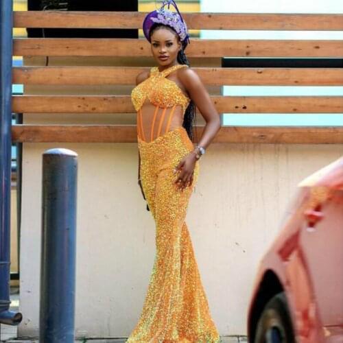 Shiny Golden Jumpsuit Prom Dresses See Through Top Halter Outfit Sequine Womens Cocktail Party Gowns