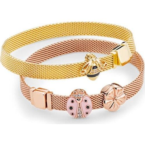XIAOYI 2020 new 100% S925 11yellow and rose color double wide bracelet honeybee ladybug bouquet jewelry Suitable for female