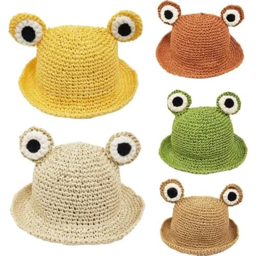 Toddler Kids Straw Hand-Woven Summer Sun Hat Cute Cartoon Frog Eyes Wide Brim Sunscreen Foldable Beach Panama Fisherman Cap with